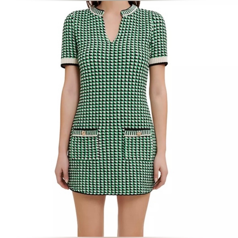 Maje Green and White Houndstooth Dress